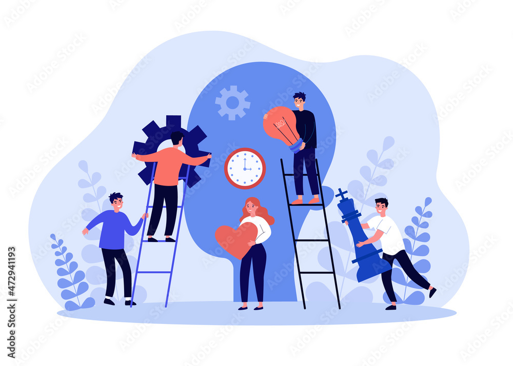 Cooperation of people on brainstorm process in abstract head. Teamwork tiny persons with information flat vector illustration. Creative strategy concept for banner, website design or landing web page