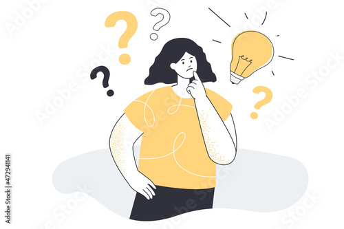 Woman wondering with thoughtful face and question marks with idea light bulb above head. Female character thinking flat vector illustration. Problem solving, solution finding concept photo