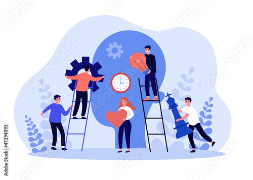 Cooperation of people on brainstorm process in abstract head. Teamwork tiny persons with information flat vector illustration. Creative strategy concept for banner, website design or landing web page