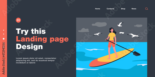 Girl standing on board with paddle. Flat vector illustration. Young woman interested in stand-up paddle boarding, doing water sports, swimming on water. Sport, surfing, fitness, nature, hobby concept