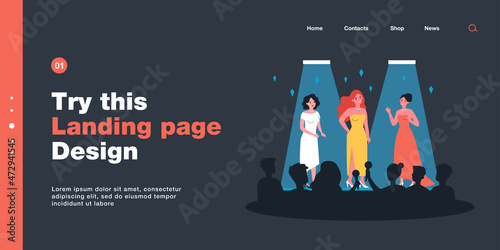 Celebrities performing on stage flat vector illustration. Popular women in chic outfits posing in front of crowd of journalists, fans. Concert, fashion show, public event, popularity concept