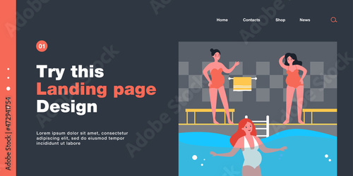 Happy pregnant women attending swimming pool. Female character with belly in swimsuit swimming in water flat vector illustration. Pregnancy, sports concept for banner, website design or landing page