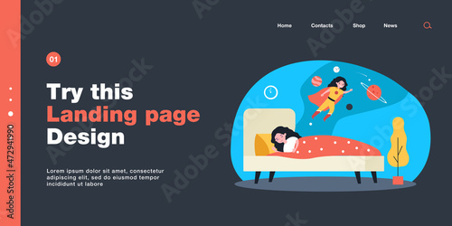 Girl having fantastic dreams while sleeping at night. Flat vector illustration. Little girl dreaming of flying into space as superhero in mantle. Sleeping, dream, childhood, space, fantasy concept