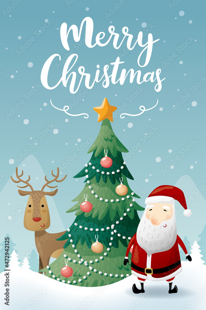 Christmas poster and greeting card template with Santa, Christmas tree and reindeer on blue background. Vector illustration for banner, flyer, greeting card, poster and advertisement. Christmas poster and greeting card template with Santa, Christmas tree and reindeer on blue background. Vector illustration for banner, flyer, greeting card, poster and advertisement.