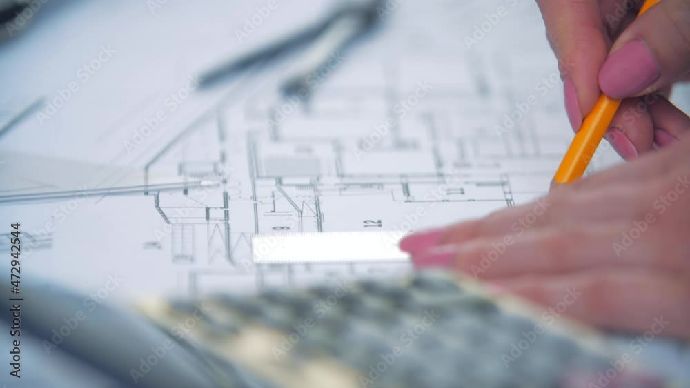 4k slow motion video of close up engineer hand sketching a construction project with compass. 4k slow motion video of close up engineer hand sketching a construction project with compass.