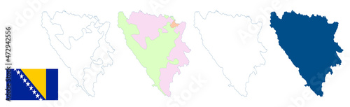 Bosnia and Herzegovina map. Detailed blue outline and silhouette. Administrative divisions. Country flag. Federation of Bosnia and Herzegovina. Republika Srpska. Brčko District. Set of vector maps.