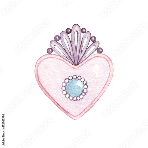 Watercolor set of Provence. brooch, heart, pendant, precious stones, button, pearls, bow, ribbon.For valentine or birthday cards, linen, wrapping paper, wallpaper, textile. isolated elements on white.