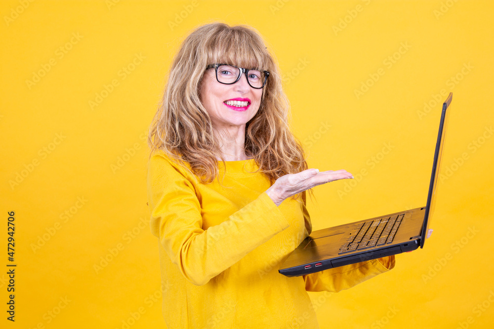 adult woman showing laptop isolated adult woman showing laptop isolated