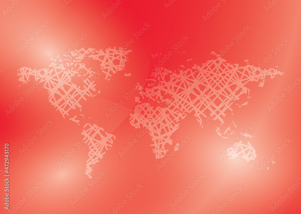 bright red background with world map - vector curves