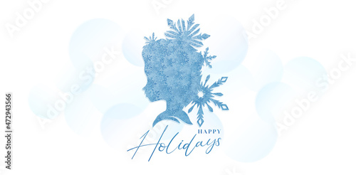 illustration of silhouette girl or princess with snowflake ornament design, abstract background happy holidays letter font applicable for greeting card, invitation birthday, banner, poster winter.