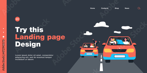 Friends going on road trip together. Flat vector illustration. Young men and women travelling in two identical cars along pre-planned route. Adventure, friendship, transport, travel, auto concept