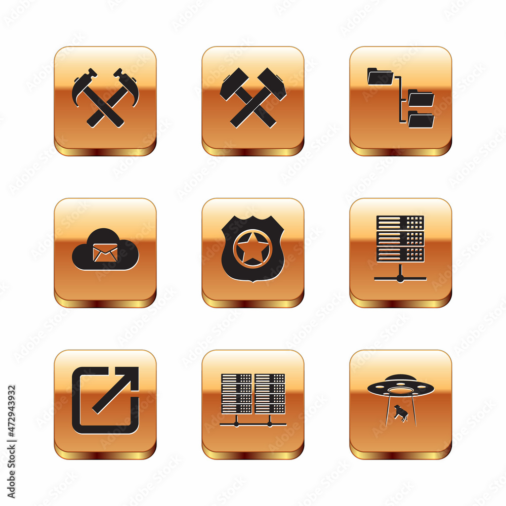 Set Two crossed hammers, Open in new window, Server, Data, Web Hosting, Police badge, Cloud mail server and Folder tree icon. Vector