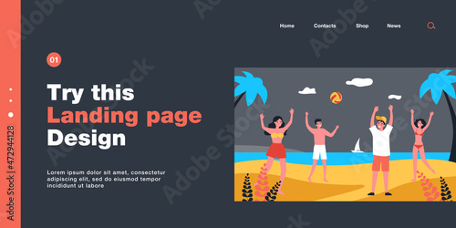 Group of friends playing with ball on beach. People in swimming suits on seashore flat vector illustration. Summer, vacation, outdoor activity concept for banner, website design or landing page