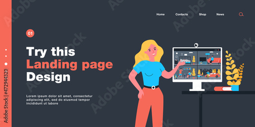 Female security service worker showing screen with CCTV footage. Videos of people at home and outside on monitor flat vector illustration. Surveillance, protection concept for banner, website design
