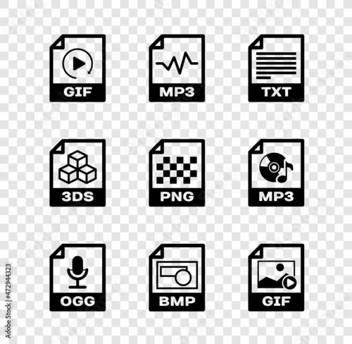 Set GIF file document, MP3, TXT, OGG, BMP and icon. Vector