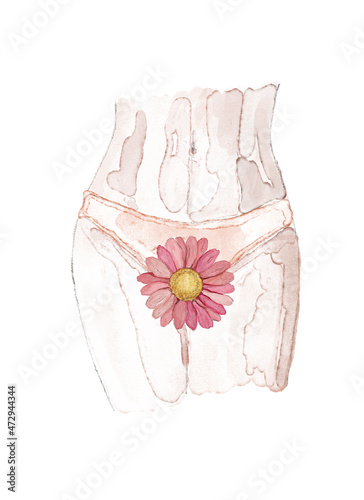 Watercolor Woman in white panties with red flower in bikini zone, close-up. Gynecology, menstruation, the concept of genital health. Concept of menstruation, women's health. photo
