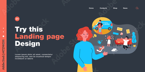 Children making mess and mother thinking of hiring cleaner. Son playing with ball, daughter marking wallpaper flat vector illustration. Childhood, cleaning service concept for banner, website design