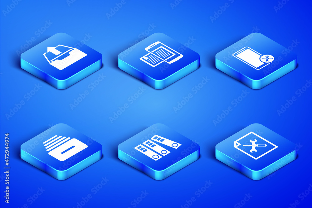 Set File document service, Upload inbox, Office folders, Drawer with documents, Smartphone and book and Mobile icon. Vector