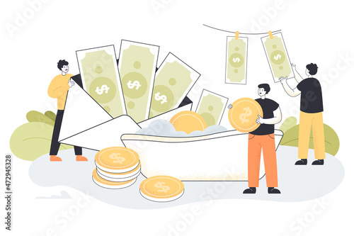 Men laundering money out of envelope full of dollar notes. Business people getting benefit from government finance and accepting bribes flat vector illustration. Criminal businessmen and fraud concept