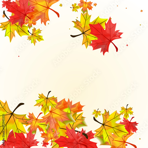 Colorful Foliage Background Beige Vector. Leaves Decoration Template. Green Flying Leaf. Down Floral Design.