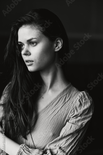attractive woman long hair posing fashion charm black and white photo