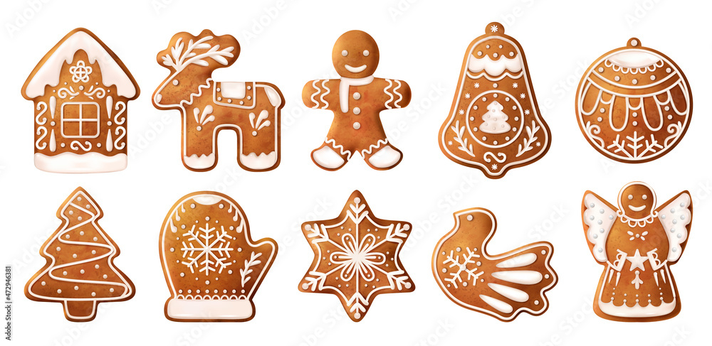 Realistic Christmas Gingerbread Cookies Icon Set