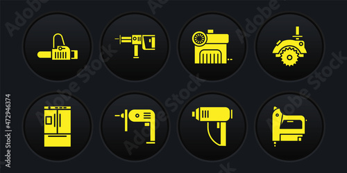 Set Refrigerator, Electric circular saw, drill machine, industrial dryer, Air compressor and Rotary hammer icon. Vector