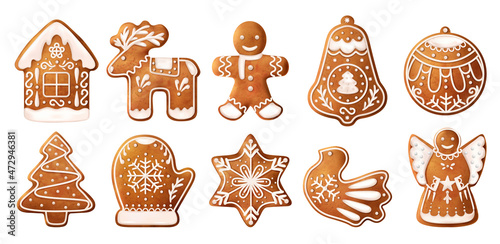 Realistic Christmas Gingerbread Cookies Icon Set