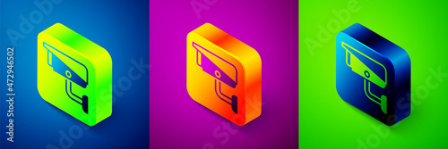 Isometric Security camera icon isolated on blue, purple and green background. Square button. Vector