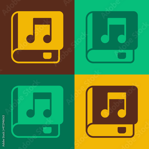 Pop art Audio book icon isolated on color background. Musical note with book. Audio guide sign. Online learning concept. Vector