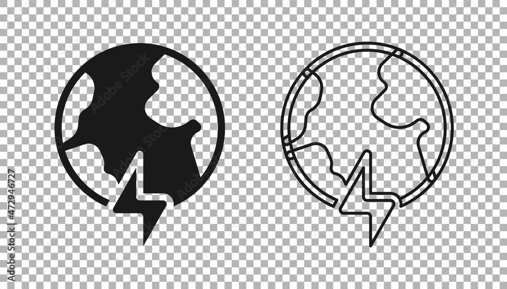 Black Global energy power planet with flash thunderbolt icon isolated on transparent background. Ecology concept and environmental. Vector Black Global energy power planet with flash thunderbolt icon isolated on transparent background. Ecology concept and environmental. Vector