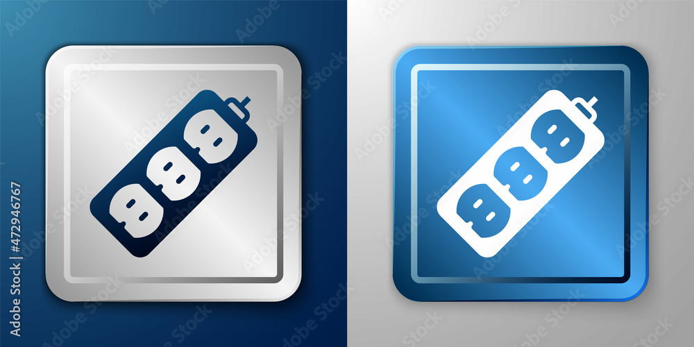 White Electric extension cord icon isolated on blue and grey background. Power plug socket. Silver and blue square button. Vector White Electric extension cord icon isolated on blue and grey background. Power plug socket. Silver and blue square button. Vector
