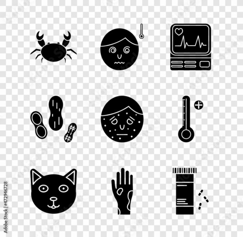 Set Crab, High human body temperature, Monitor with cardiogram, Pet, Hand psoriasis eczema, Medicine bottle pills, Peanut and Face icon. Vector