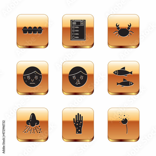 Set Chicken egg in box, Runny nose, Hand with psoriasis or eczema, Man excessive sweating, Crab, Flower producing pollen and Clinical record icon. Vector