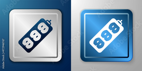 White Electric extension cord icon isolated on blue and grey background. Power plug socket. Silver and blue square button. Vector