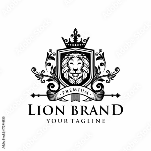 Lion heraldry emblem modern line style with a shield and crown