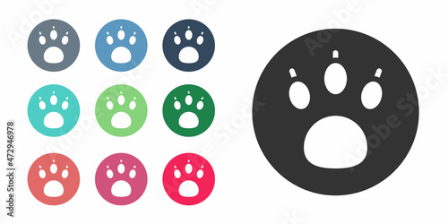 Black Paw search icon isolated on white background. Magnifying glass with animal footprints. Set icons colorful. Vector