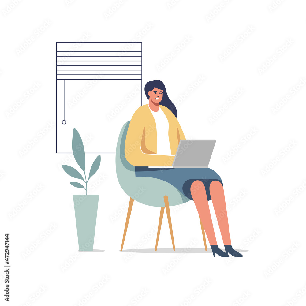 Female entrepreneur working with a laptop in a little office or home. Vector illustration.