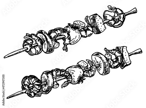 Grilled shrimp skewers. Seafood, shellfish. Shrimp kebabs with herbs, vegetables, garlic and lemon. BBQ shrimps. Delicious grilled food on a skewer. Set. Engraving sketch style. Vector illustration