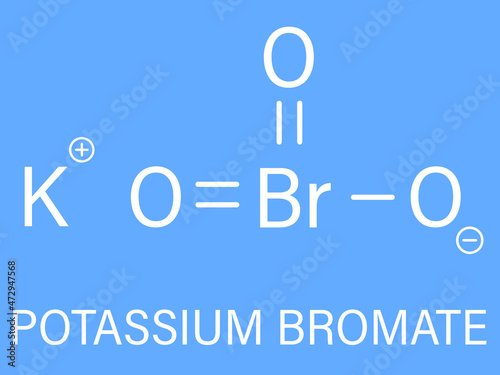 Potassium bromate. KBrO3, E924. Used as additive to flour in the baking of bread. Skeletal formula.