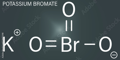 Potassium bromate. KBrO3, E924. Used as additive to flour in the baking of bread. Skeletal formula.