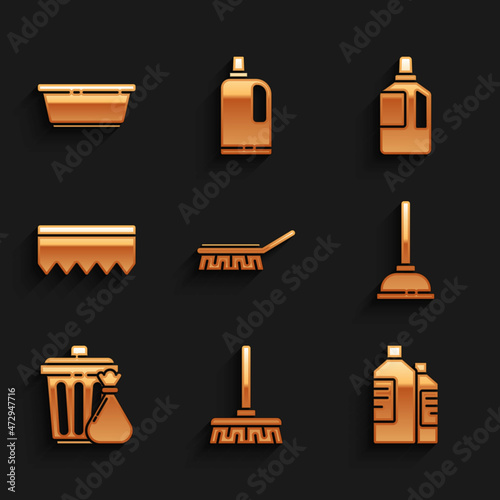 Set Brush for cleaning, Handle broom, Bottles agent, Rubber plunger, Trash can garbage bag, Sponge with bubbles, Fabric softener and Plastic basin icon. Vector