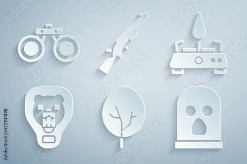 Set Tree, Camping gas stove, Bear head on shield, Balaclava, Shotgun and Binoculars icon. Vector