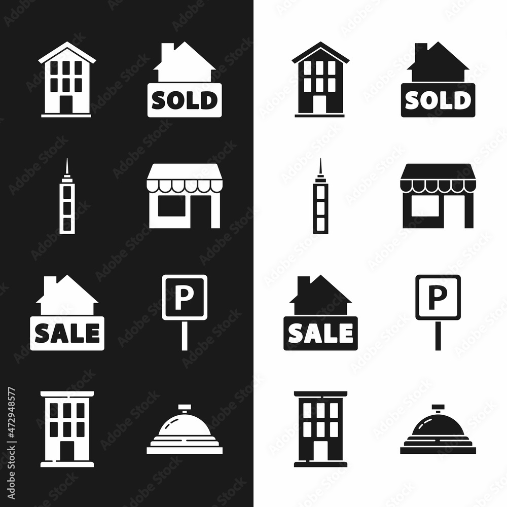 Set Market store, Skyscraper, House, Hanging sign with text Sold, Sale, Parking, Hotel service bell and icon. Vector