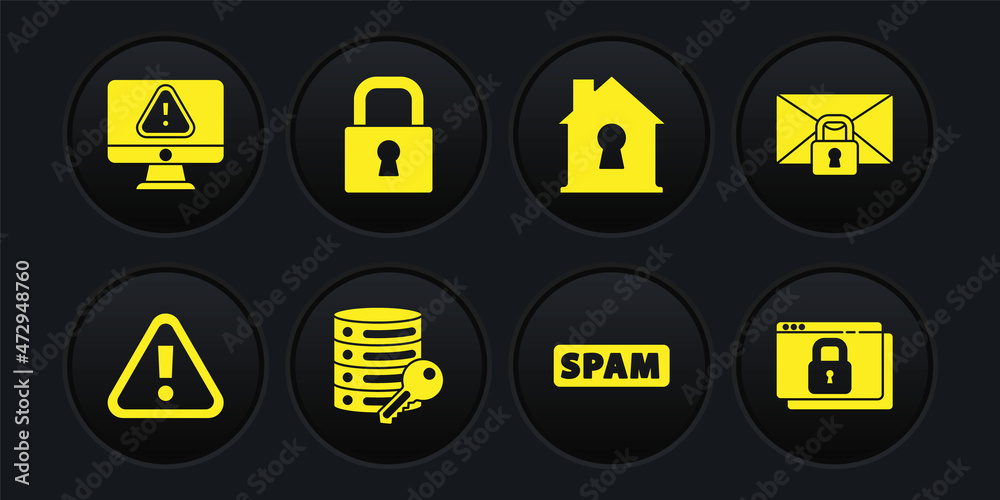 Set Exclamation mark in triangle, Mail message lock password, Server security with key, Spam, House under protection, Lock, Secure your site HTTPS, SSL and Monitor exclamation icon. Vector Set Exclamation mark in triangle, Mail message lock password, Server security with key, Spam, House under protection, Lock, Secure your site HTTPS, SSL and Monitor exclamation icon. Vector