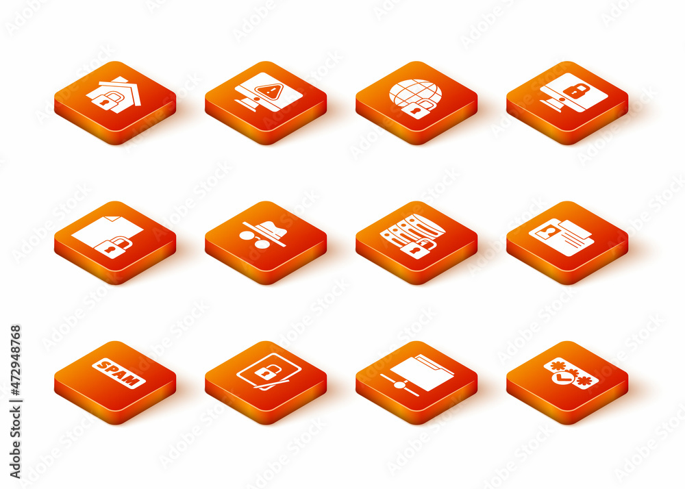 Set Spam, Tablet with closed padlock, Document and, Incognito mode, FTP folder, Server security, Password protection and Identification badge icon. Vector