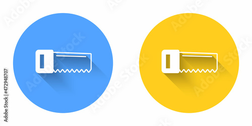 White Hand saw icon isolated with long shadow background. Circle button. Vector
