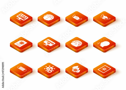 Set Medical protective mask, Positive virus, Clipboard with blood test results, Corona on location, Blood and, Earth medical, Virus statistics monitor and Man coughing icon. Vector