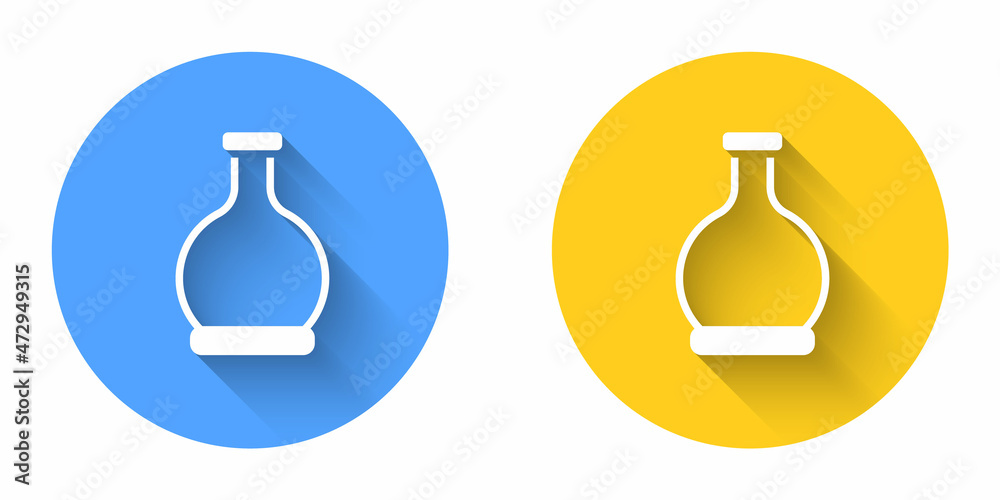 White Bottle with potion icon isolated with long shadow background. Flask with magic potion. Happy Halloween party. Circle button. Vector White Bottle with potion icon isolated with long shadow background. Flask with magic potion. Happy Halloween party. Circle button. Vector