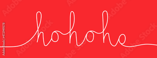 Ho-ho-ho in one continuous line. New Year and Christmas slogan hand-drawn on a red background. Typography for holiday greeting gift poster or postcard. Vector illustration